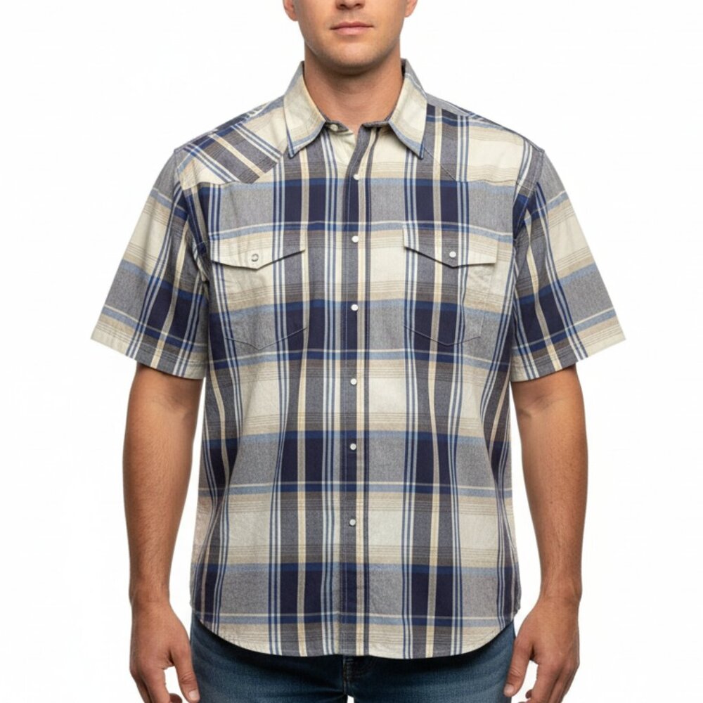 VTG Wrangler Western Shirt Mens Size XXL Yellow Blue Plaid Pearl Snap Rodeo